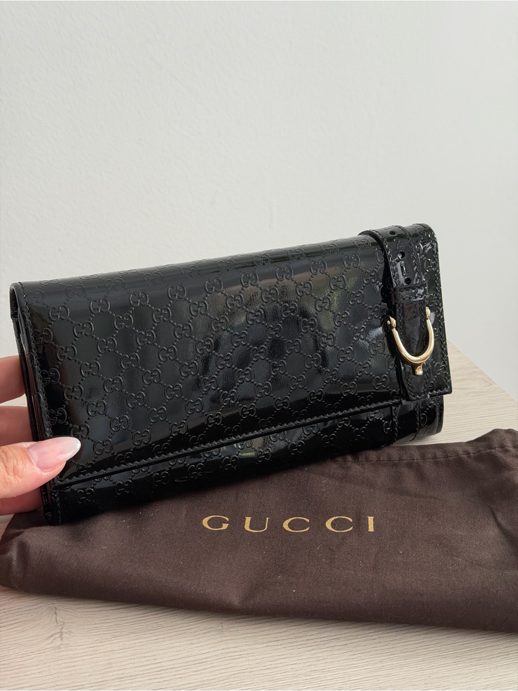 Gucci Micro Guccissima Black Patent Leather Long Wallet With Gold Hardware